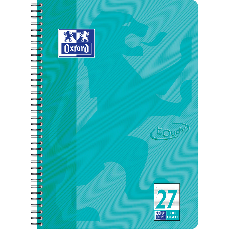 Oxford cahier Touch, A4+, ligné, 160 pages, bleu aqua Fournitures-business.fr Blocs & carnets Carnets spirales