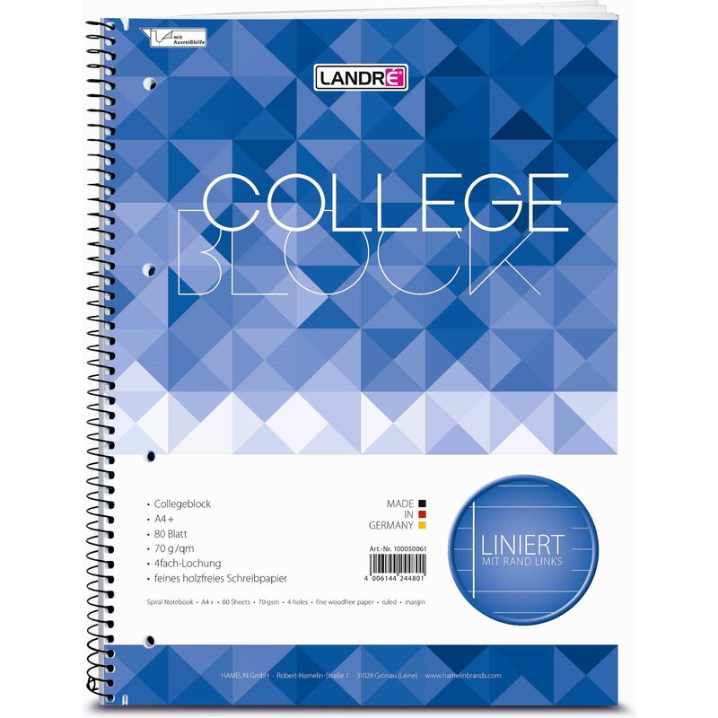LANDRÉ Collegeblock "college", format A4, ligné, 80 feuilles Fournitures-business.fr allemand LANDRÉ Schulheft DIN A5