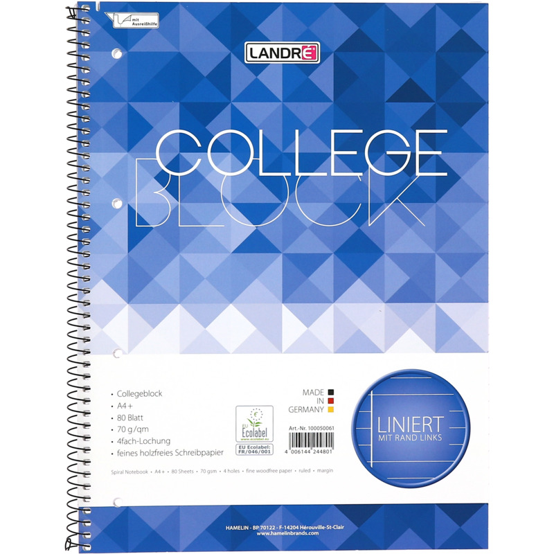 LANDRÉ Collegeblock "college", format A4, ligné, 80 feuilles Fournitures-business.fr Cahiers scolaires Cahiers DIN A5 16 pages
