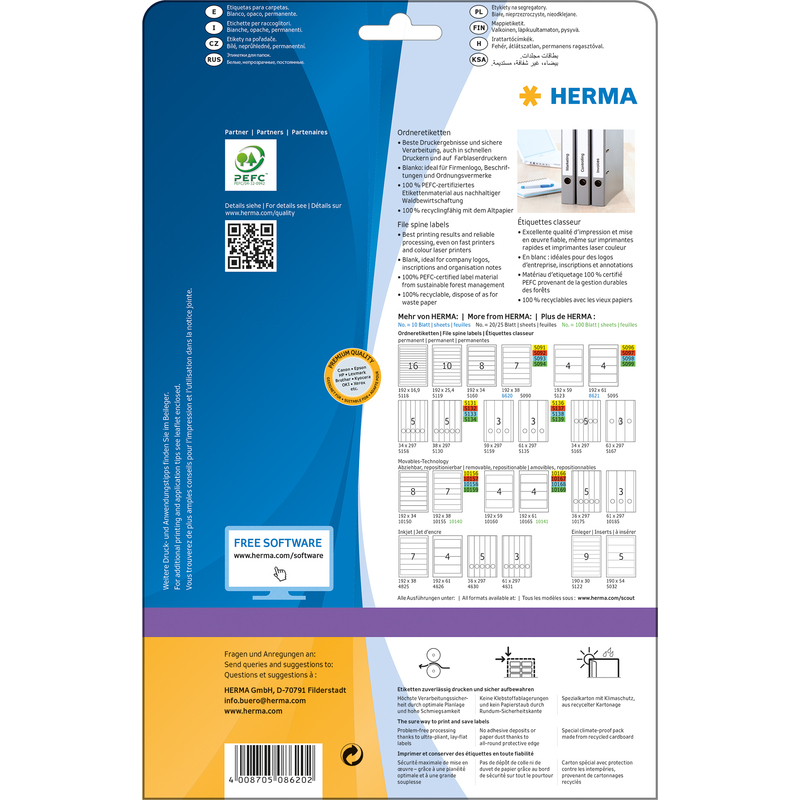 HERMA Etiquette dos de classeur SPECIAL, 192 x 38 mm, blanc Fournitures-business.fr blanc