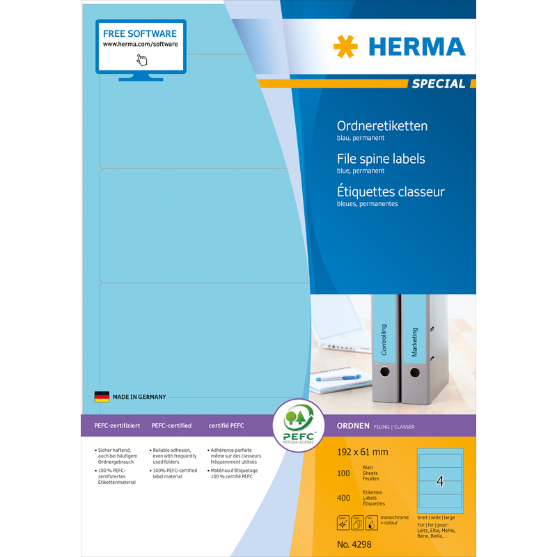 HERMA Etiquette dos de classeur SPECIAL, 192 x 61 mm, bleu Fournitures-business.fr larges HERMA Etiquette dos de classeur SPECIAL