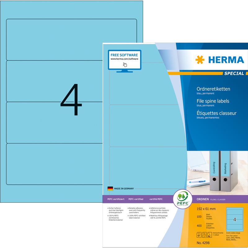 HERMA Etiquette dos de classeur SPECIAL, 192 x 61 mm, bleu Fournitures-business.fr Etiquettes dos de classeur Etiquettes